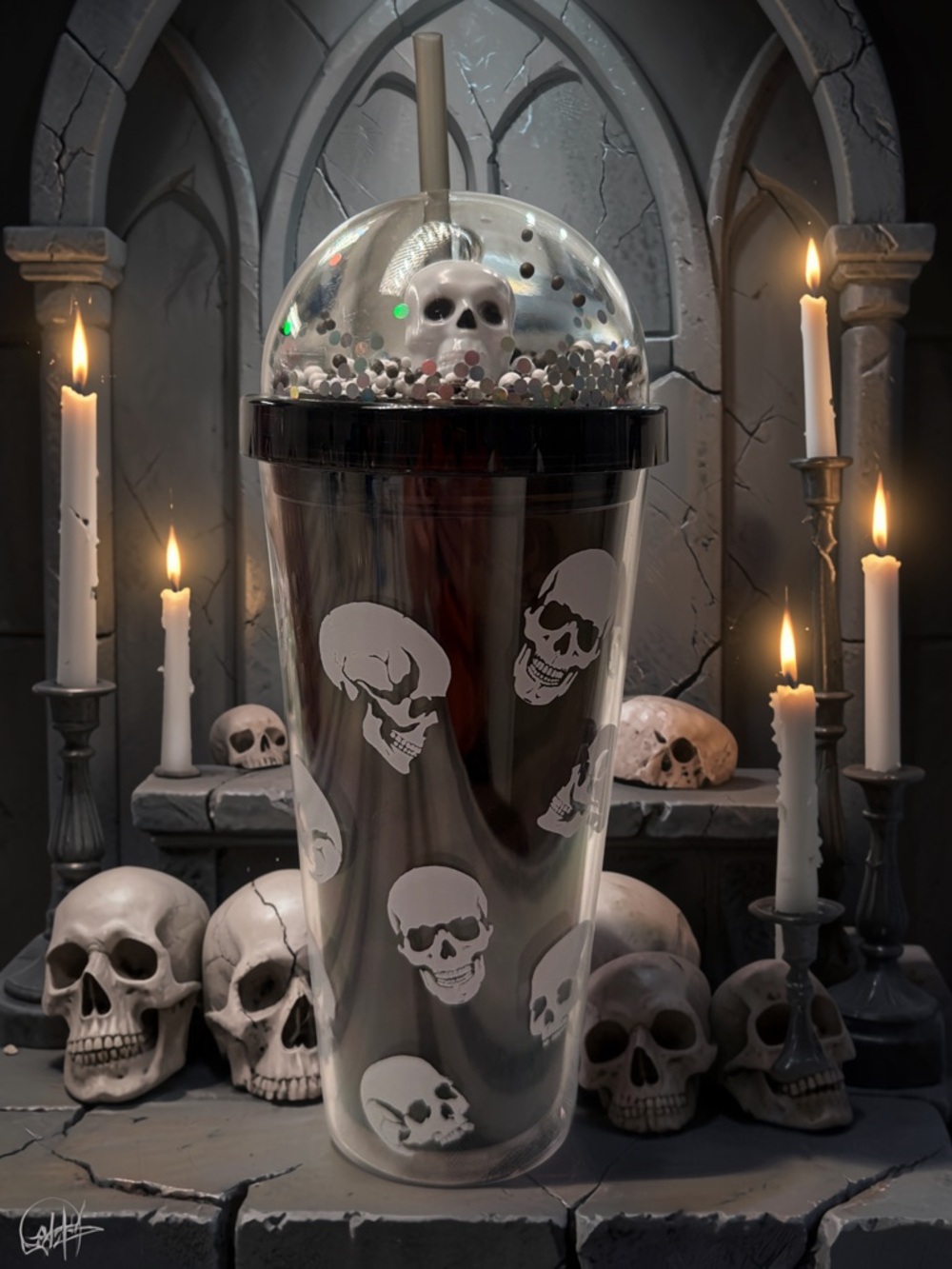 💀🖤NWT Skull Print Black and White Acrylic Bubble Tumbler Cup With Lid & Straw💀🖤